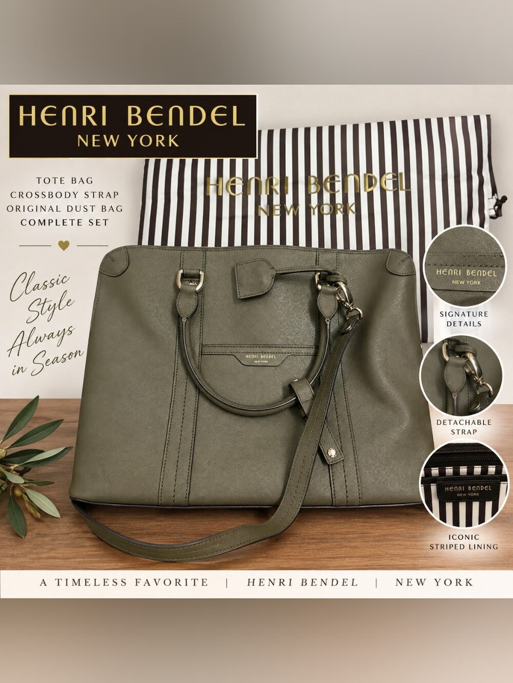 Henri Bendel New York Olive Green Saffiano Tote Bag w Crossbody Strap   Dust Bag